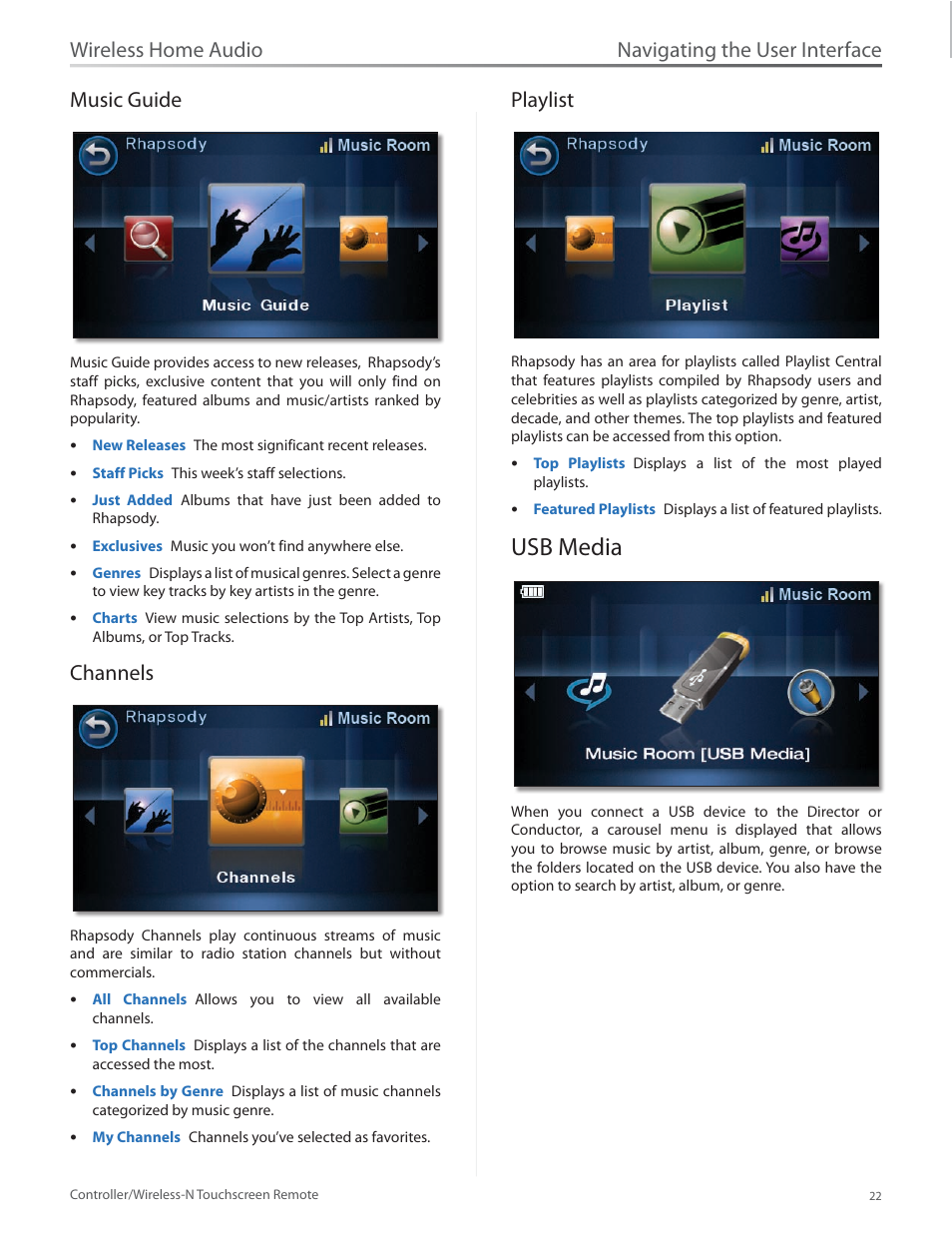 Music guide, Channels, Playlist | Usb media, Music guide channels playlist, Usb media 22, Navigating the user interface, Wireless home audio music guide | Linksys DMRW1000 User Manual | Page 29 / 58