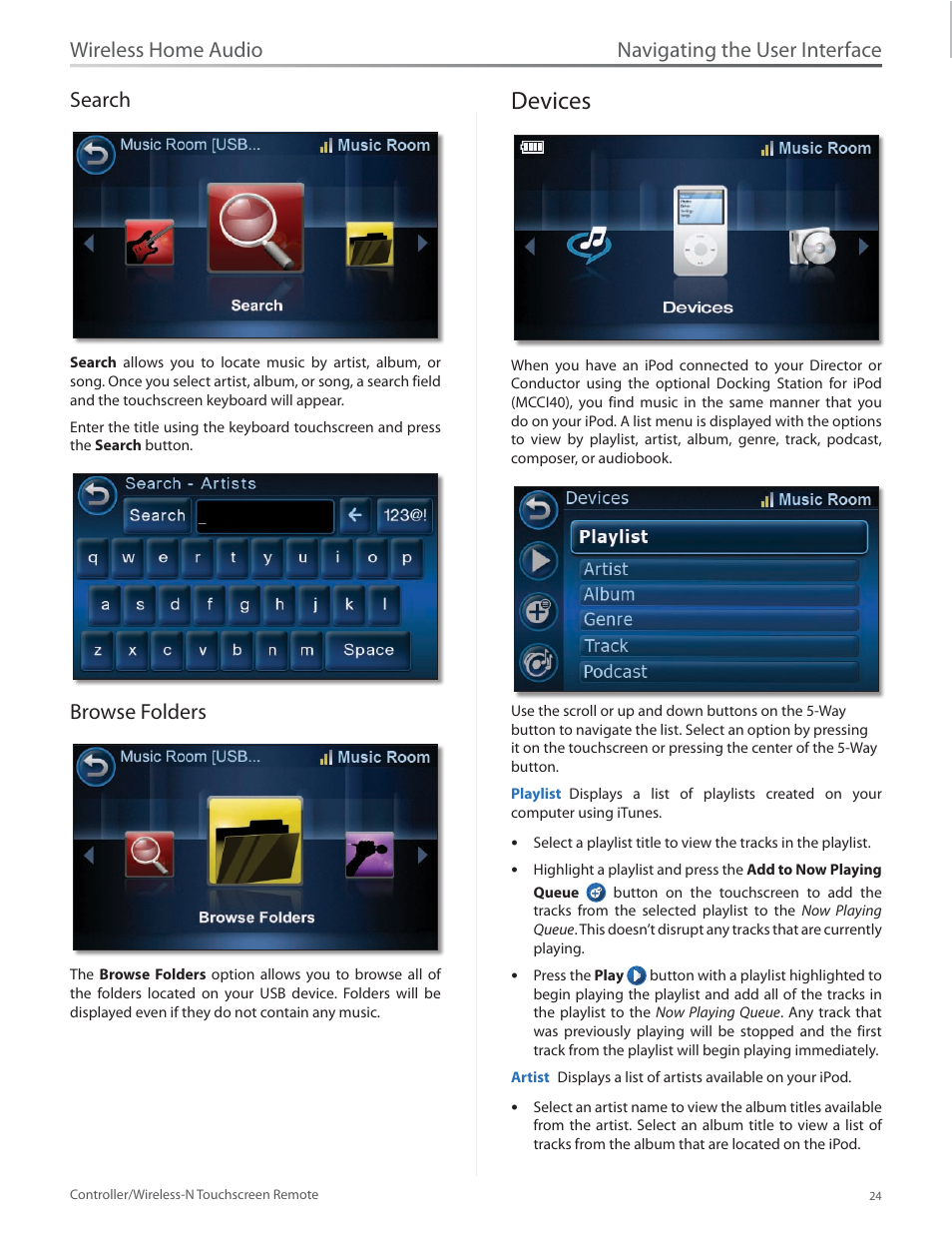 Search, Browse folders, Devices | Search browse folders, Devices 24, Navigating the user interface, Wireless home audio search | Linksys DMRW1000 User Manual | Page 31 / 58