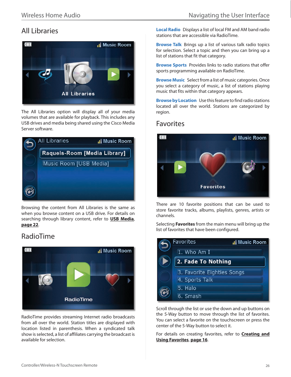 All libraries, Radiotime, Favorites | All libraries 26 radiotime 26 favorites 26, Navigating the user interface, Wireless home audio | Linksys DMRW1000 User Manual | Page 33 / 58
