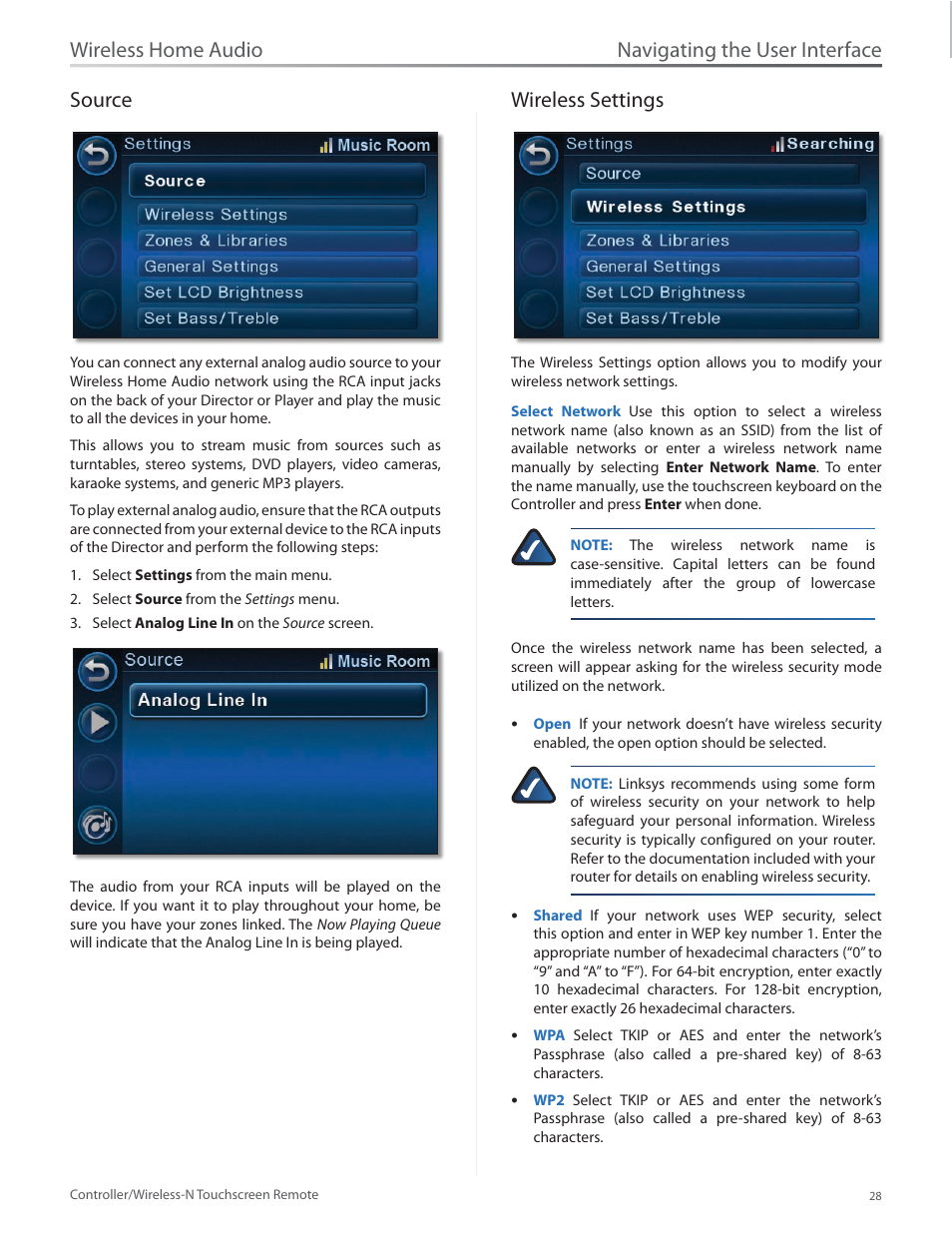 Source, Wireless settings, Source wireless settings | Navigating the user interface, Wireless home audio source | Linksys DMRW1000 User Manual | Page 35 / 58