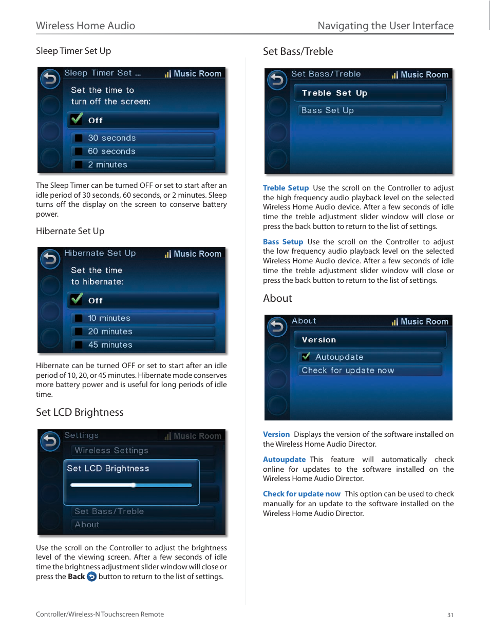Set lcd brightness, Set bass/treble, About | Set lcd brightness set bass/treble about, Navigating the user interface, Wireless home audio | Linksys DMRW1000 User Manual | Page 38 / 58
