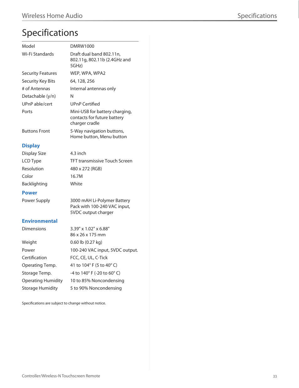 Specifications, Wireless home audio | Linksys DMRW1000 User Manual | Page 40 / 58