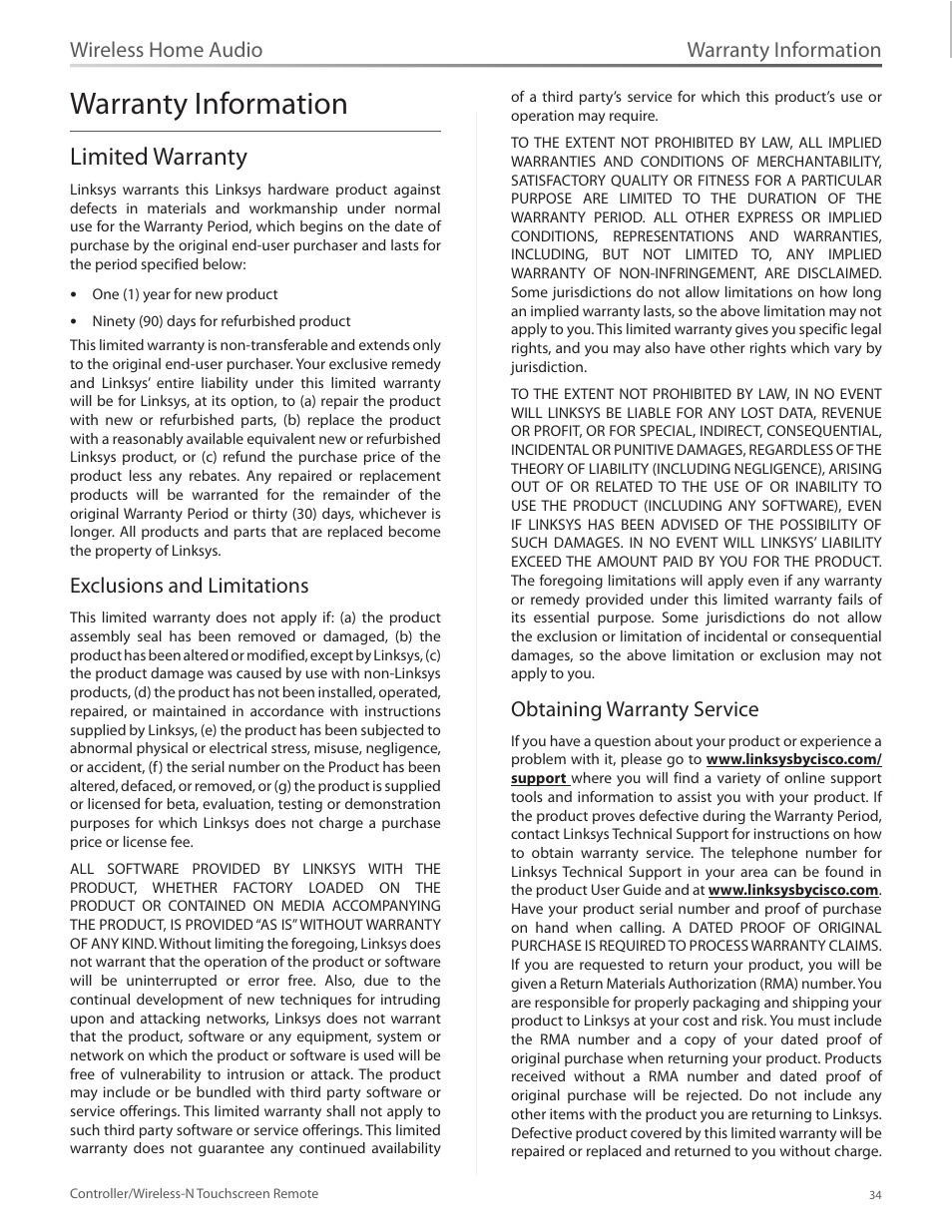 Warranty information, Limited warranty, Exclusions and limitations | Obtaining warranty service, Limited warranty 34, Wireless home audio | Linksys DMRW1000 User Manual | Page 41 / 58