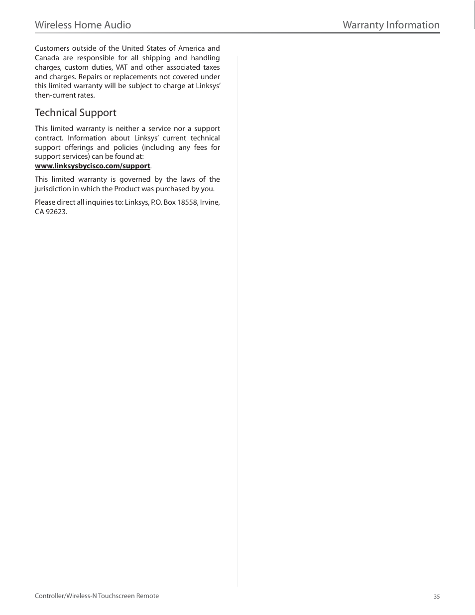 Technical support, Warranty information, Wireless home audio | Linksys DMRW1000 User Manual | Page 42 / 58