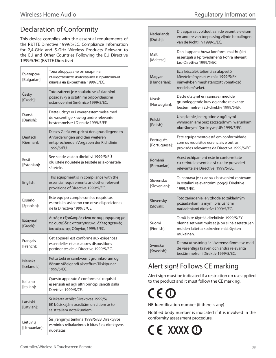 Declaration of conformity, Alert sign! follows ce marking, Regulatory information | Wireless home audio | Linksys DMRW1000 User Manual | Page 45 / 58