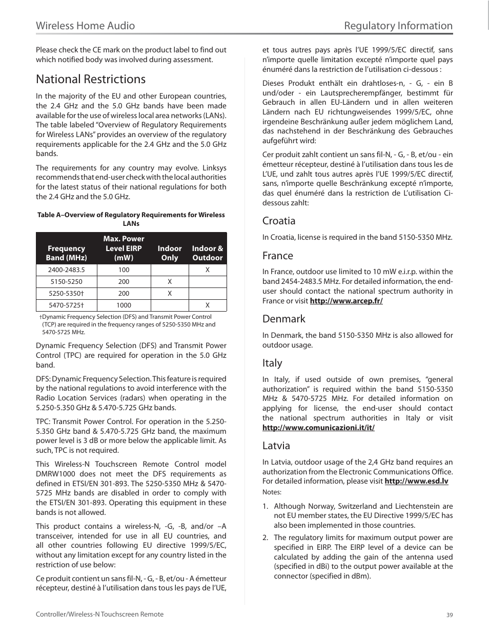 National restrictions, Croatia, France | Denmark, Italy, Latvia, National restrictions 39, Croatia france, Denmark italy latvia, Regulatory information | Linksys DMRW1000 User Manual | Page 46 / 58