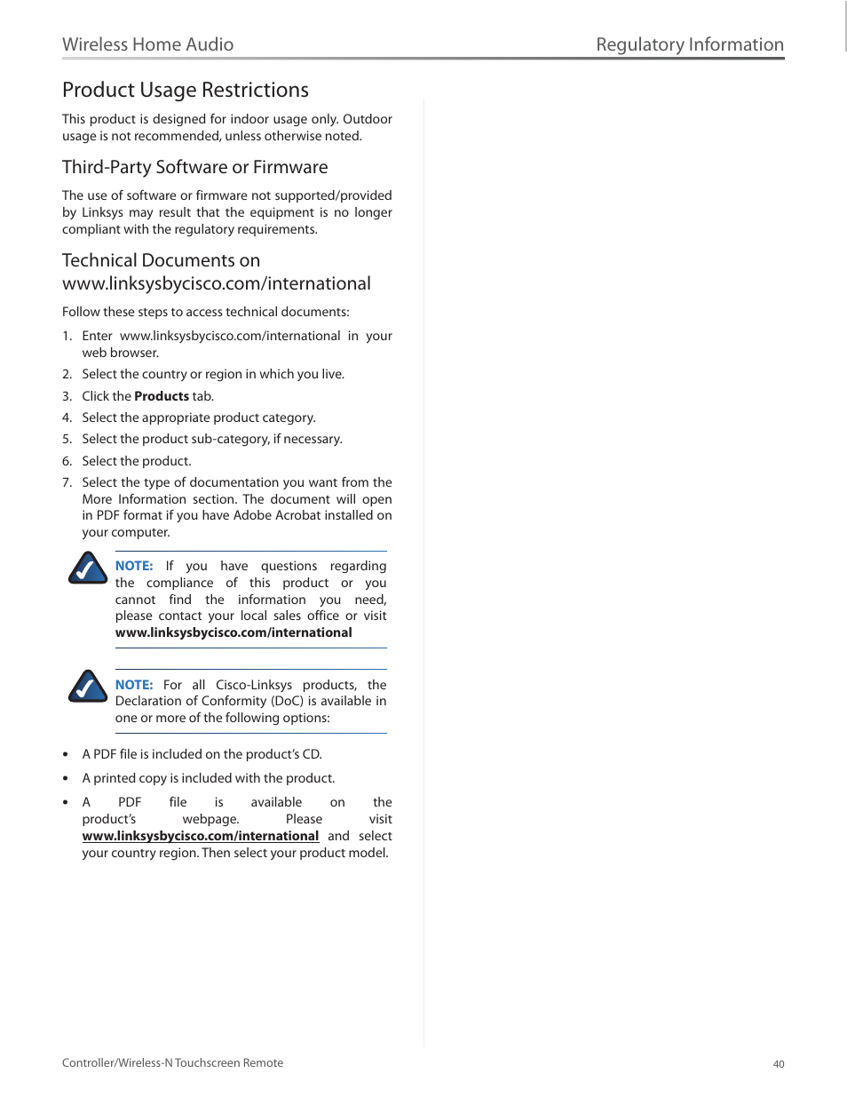 Product usage restrictions, Third-party software or firmware, Product usage restrictions 40 | Regulatory information, Wireless home audio | Linksys DMRW1000 User Manual | Page 47 / 58