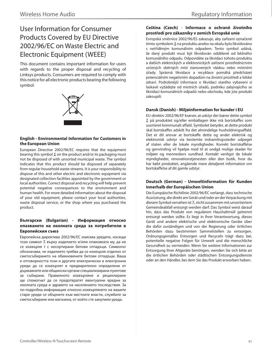 Waste electric and electronic equipment (weee) 41, Regulatory information, Wireless home audio | Linksys DMRW1000 User Manual | Page 48 / 58