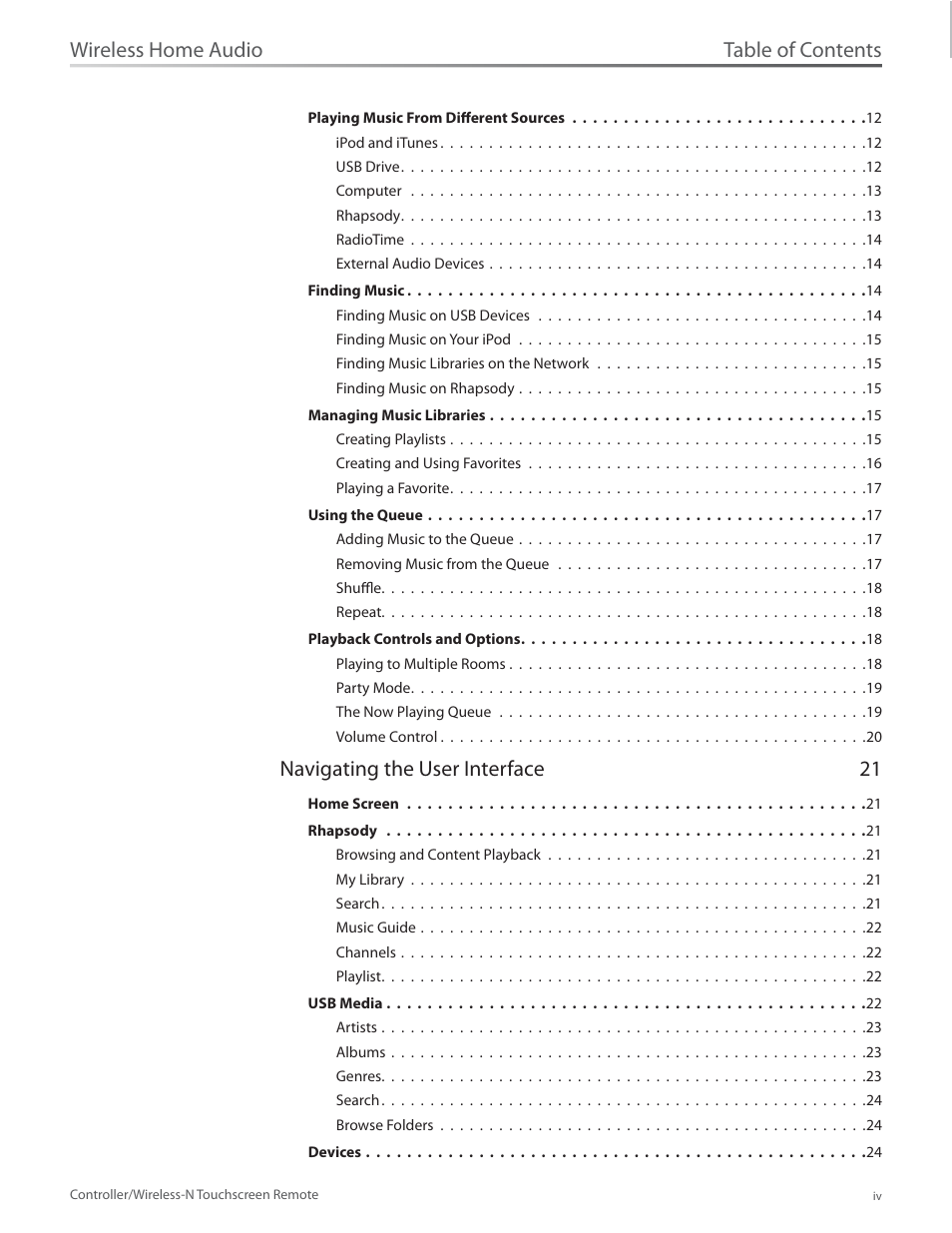 Table of contents wireless home audio, Navigating the user interface 21 | Linksys DMRW1000 User Manual | Page 5 / 58