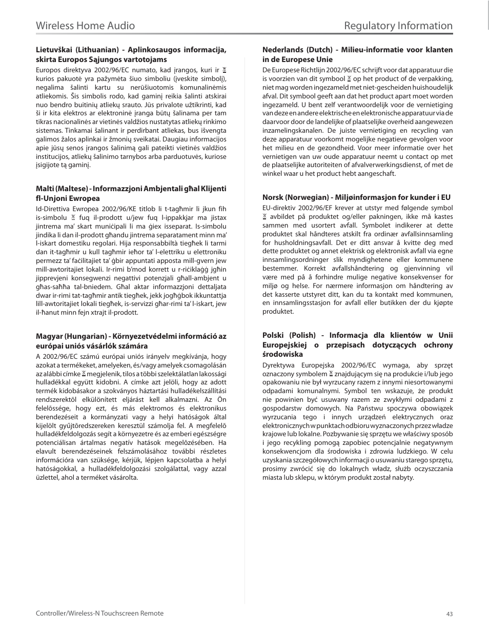 Regulatory information, Wireless home audio | Linksys DMRW1000 User Manual | Page 50 / 58