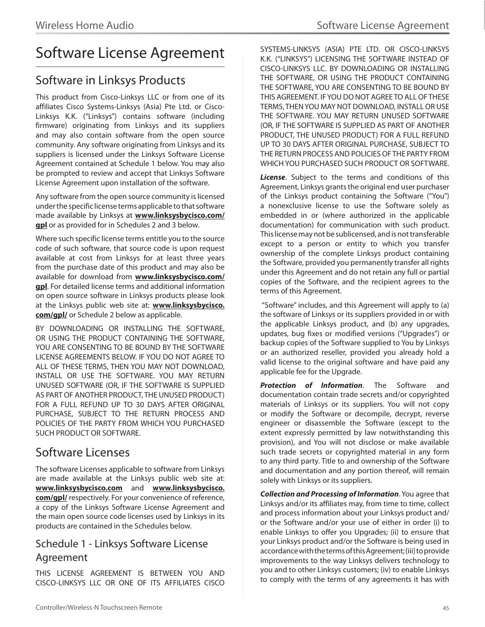 Software license agreement, Software in linksys products, Software licenses | Schedule 1 - linksys software license agreement, Wireless home audio | Linksys DMRW1000 User Manual | Page 52 / 58