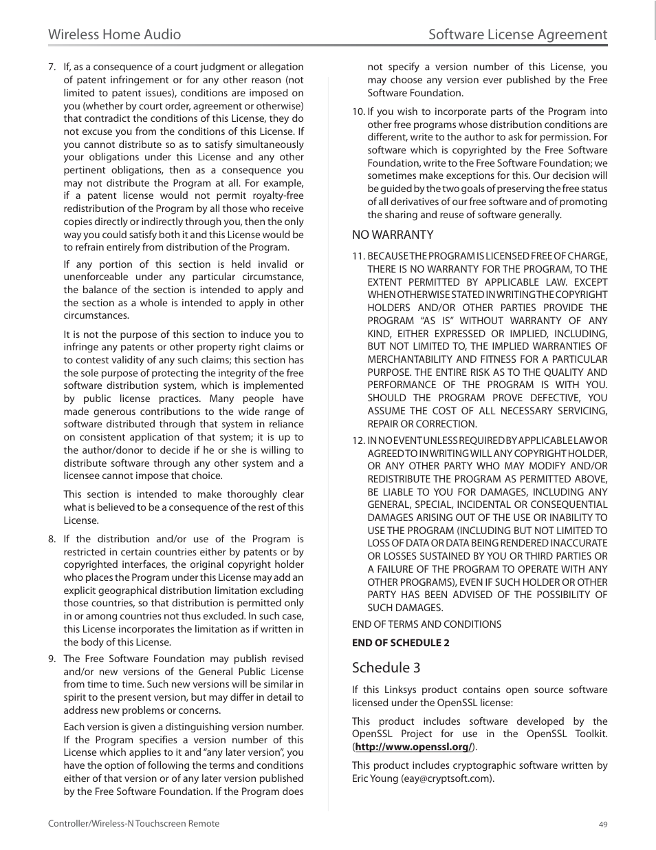 Schedule 3, Software license agreement, Wireless home audio | Linksys DMRW1000 User Manual | Page 56 / 58