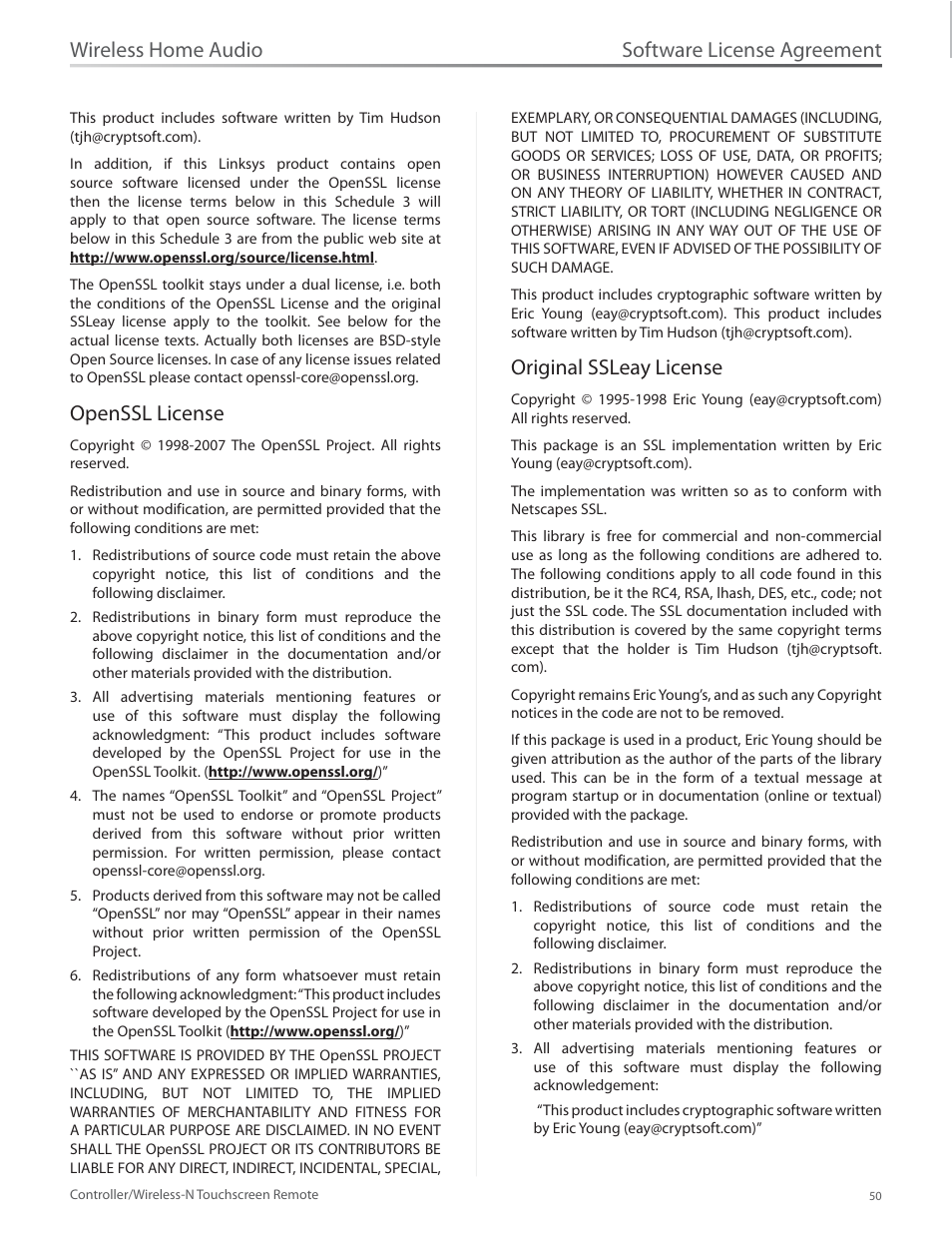 Openssl license, Original ssleay license, Openssl license original ssleay license | Software license agreement, Wireless home audio | Linksys DMRW1000 User Manual | Page 57 / 58