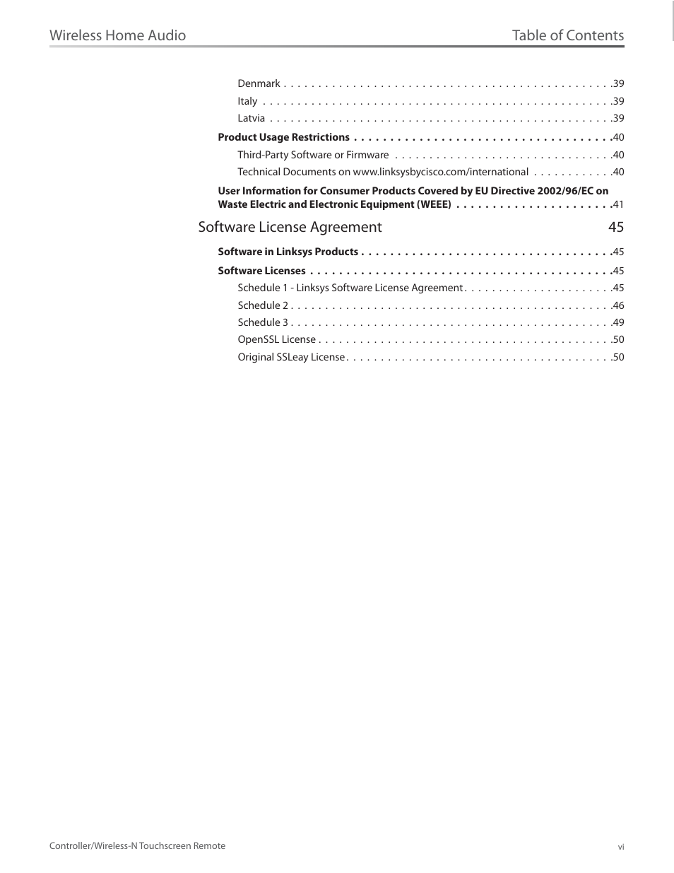 Table of contents wireless home audio, Software license agreement 45 | Linksys DMRW1000 User Manual | Page 7 / 58