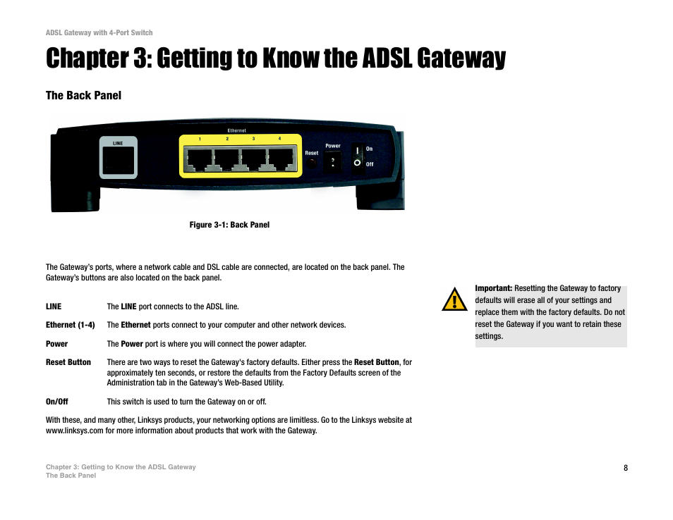 Chapter 3: getting to know the adsl gateway, The back panel | Linksys AG041 User Manual | Page 15 / 80