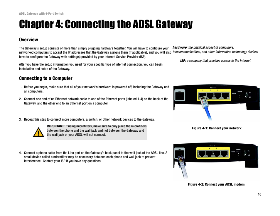 Chapter 4: connecting the adsl gateway | Linksys AG041 User Manual | Page 17 / 80