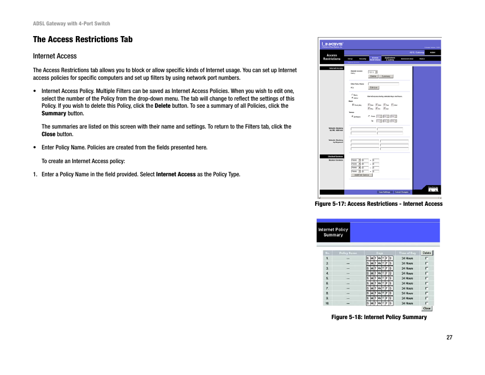 The access restrictions tab | Linksys AG041 User Manual | Page 34 / 80