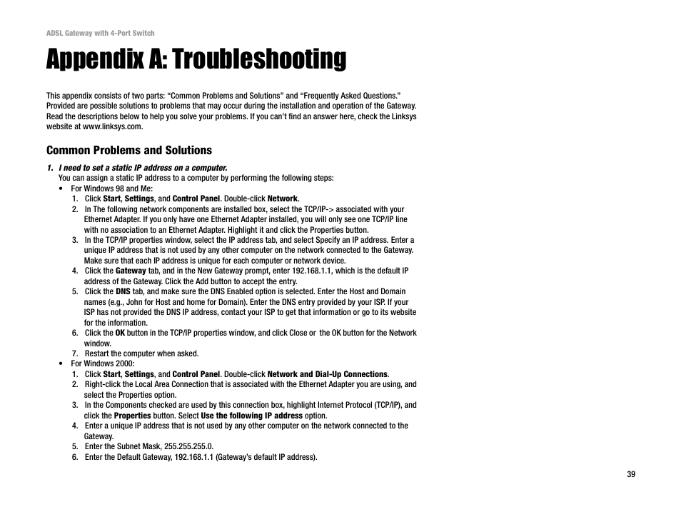 Appendix a: troubleshooting, Common problems and solutions | Linksys AG041 User Manual | Page 46 / 80