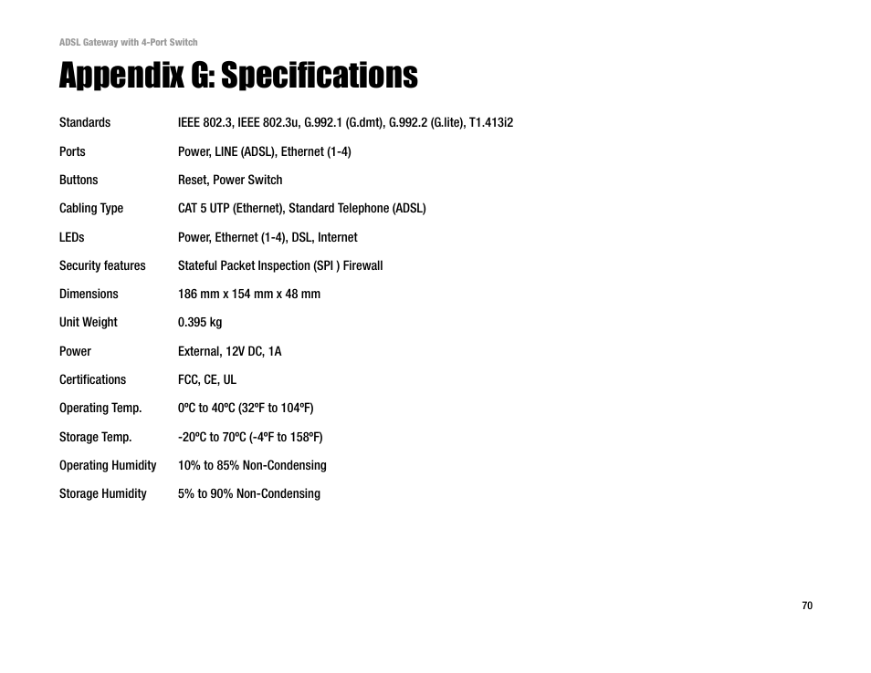 Appendix g: specifications | Linksys AG041 User Manual | Page 77 / 80