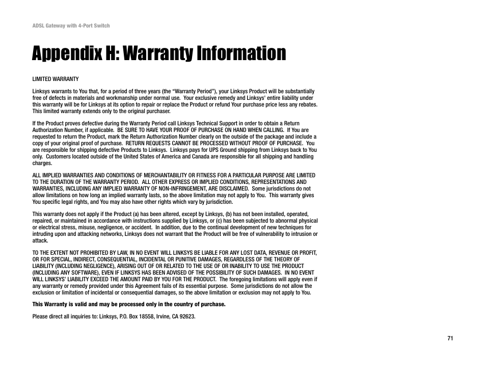 Appendix h: warranty information | Linksys AG041 User Manual | Page 78 / 80