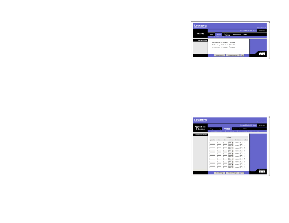 Vpn passthrough, Port range forwarding | Linksys BEFSR81 User Manual | Page 34 / 72