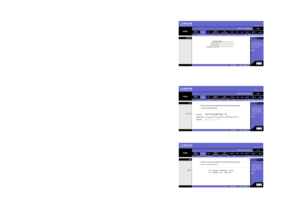 Setup tab - password, Setup tab - time | Linksys RV016 User Manual | Page 36 / 127