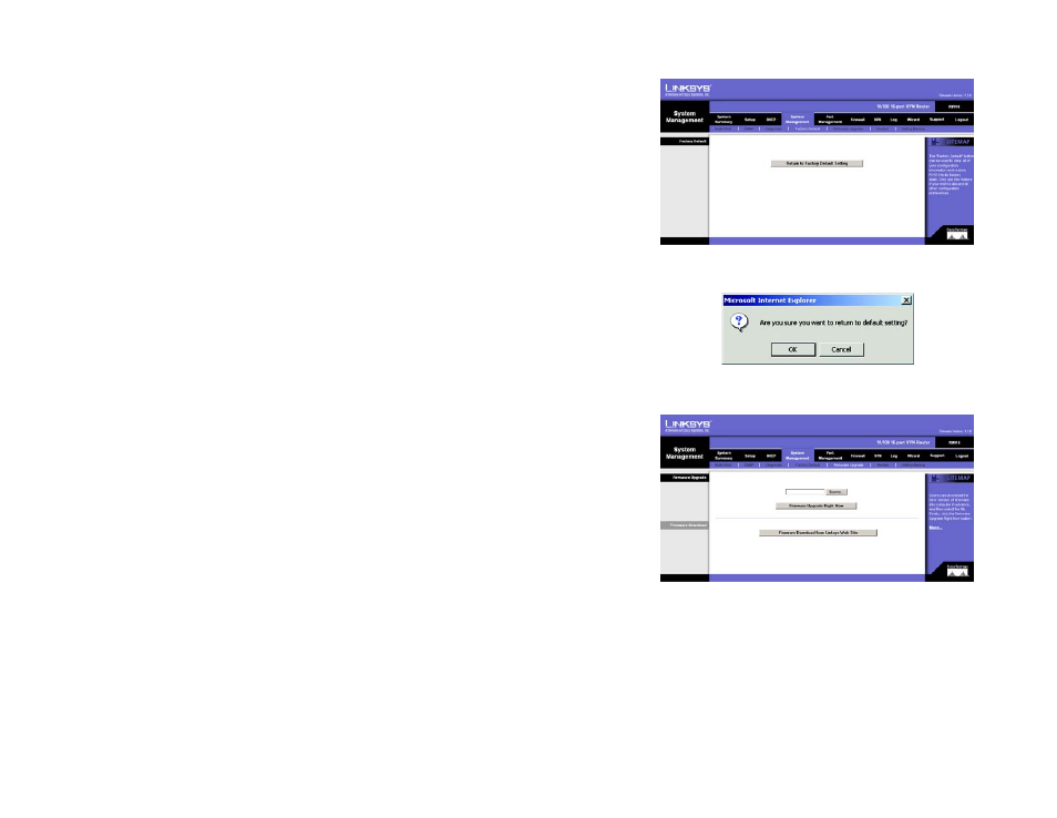 System management tab - factory default, System management tab - firmware upgrade | Linksys RV016 User Manual | Page 53 / 127