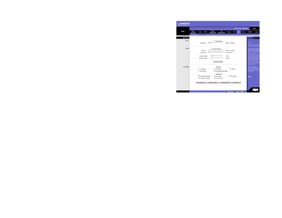 Log tab - system log | Linksys RV016 User Manual | Page 80 / 127