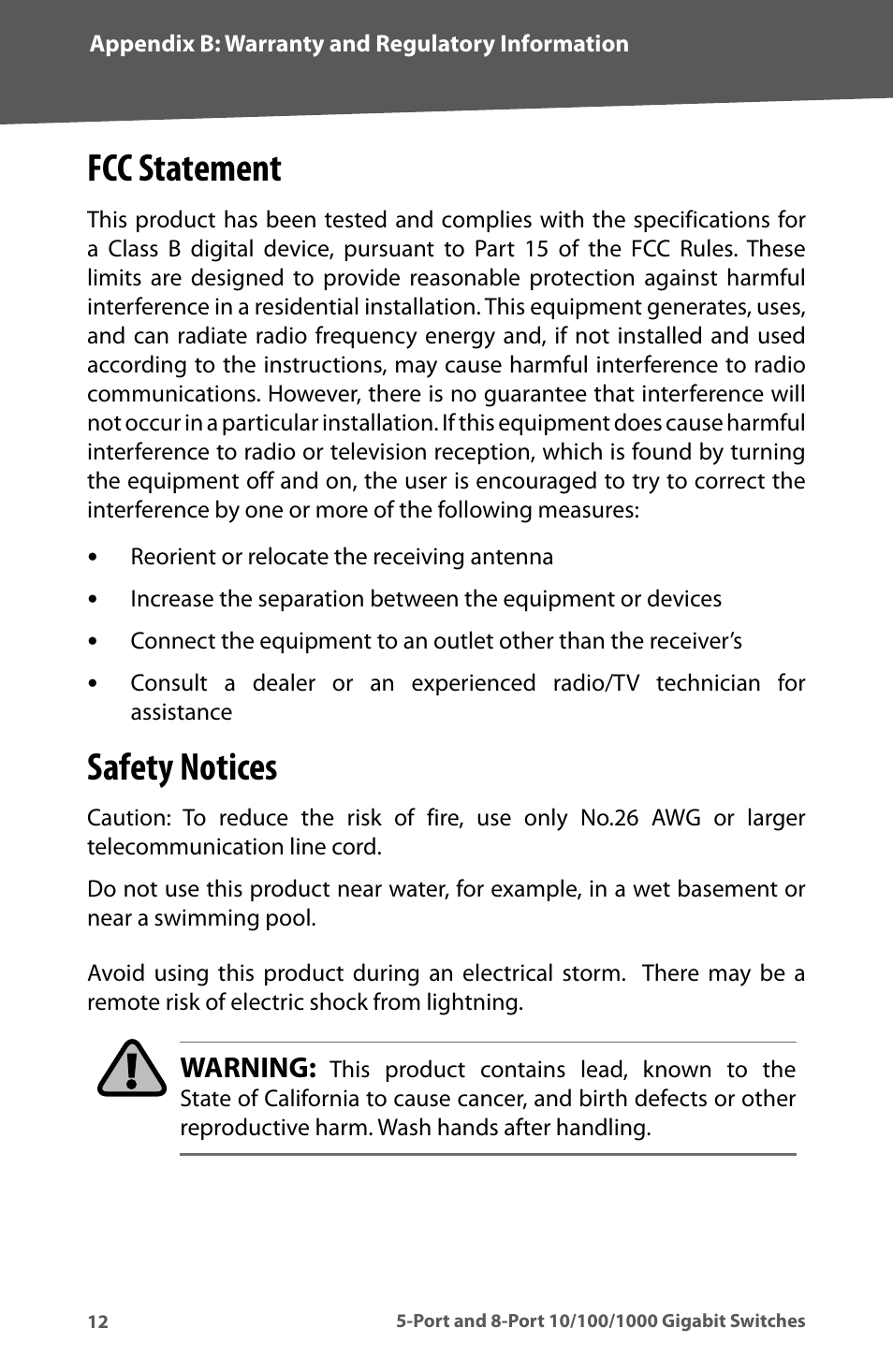 Fcc statement, Safety notices, Fcc statement safety notices | Warning | Linksys SD2005 User Manual | Page 14 / 24