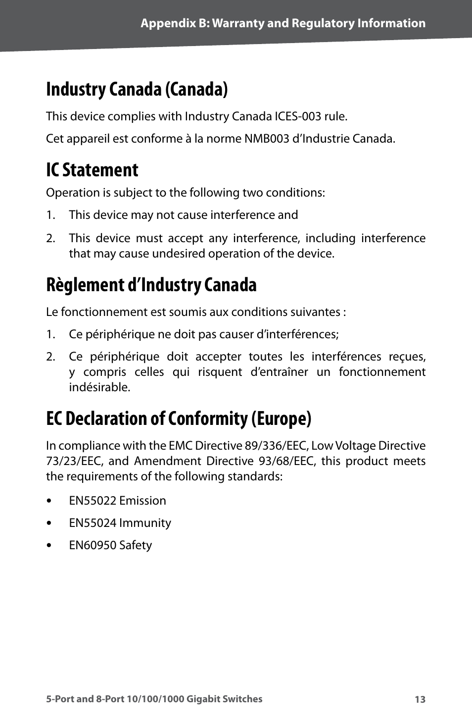 Industry canada (canada), Ic statement, Règlement d’industry canada | Ec declaration of conformity (europe) | Linksys SD2005 User Manual | Page 15 / 24