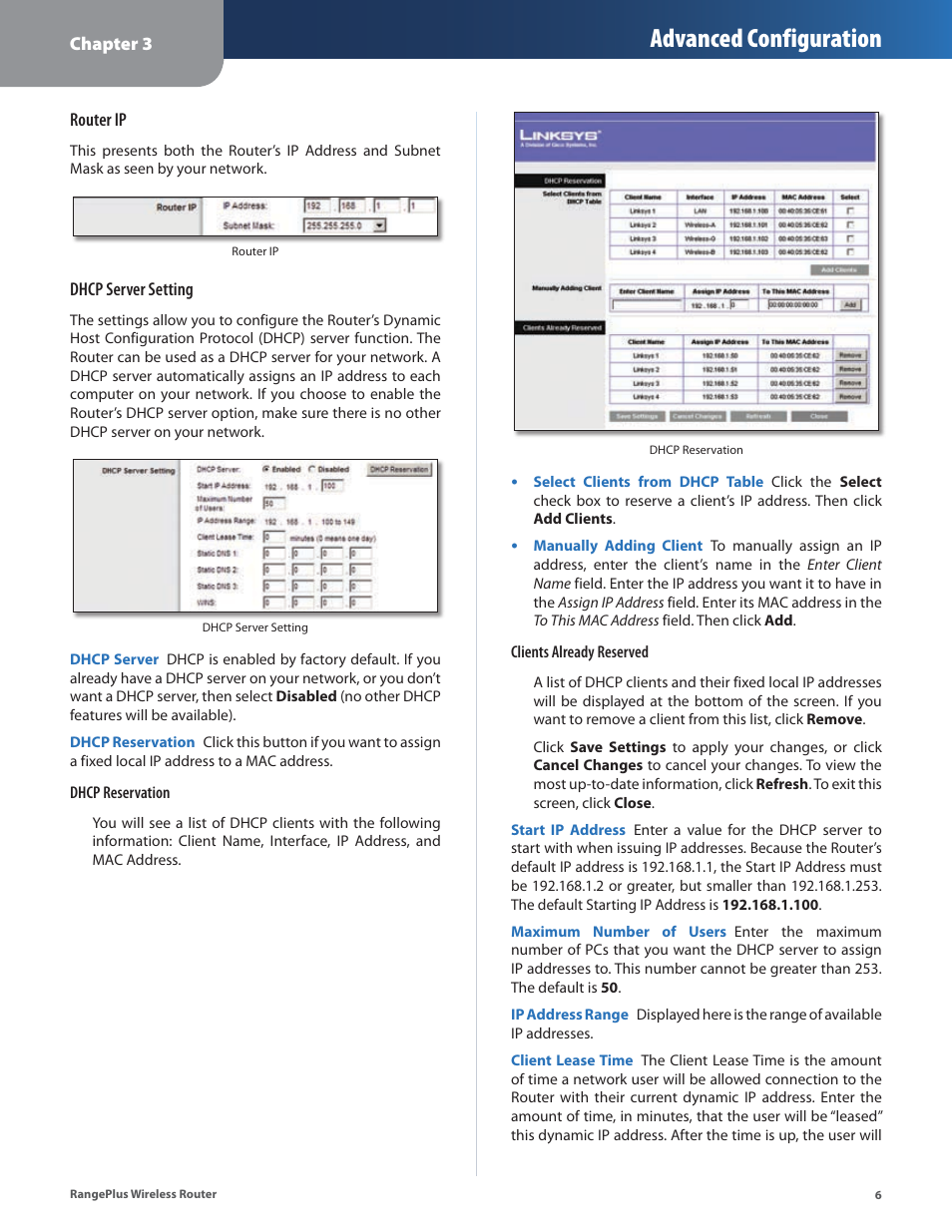 Advanced configuration | Linksys RangePlus WRT100 User Manual | Page 10 / 37