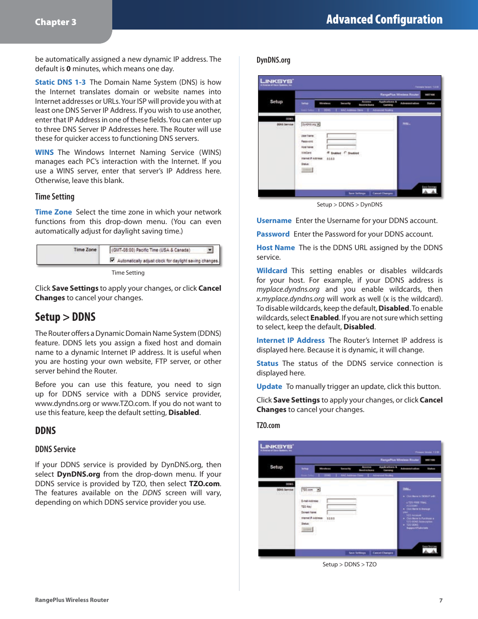Setup > ddns, Advanced configuration, Ddns | Linksys RangePlus WRT100 User Manual | Page 11 / 37
