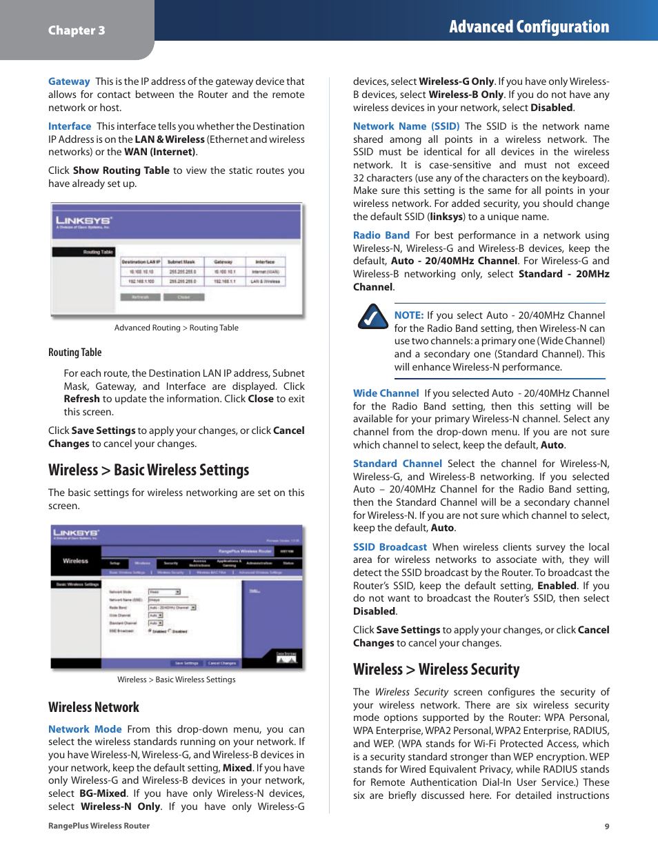Wireless > basic wireless settings, Wireless > wireless security, Advanced configuration | Wireless network | Linksys RangePlus WRT100 User Manual | Page 13 / 37