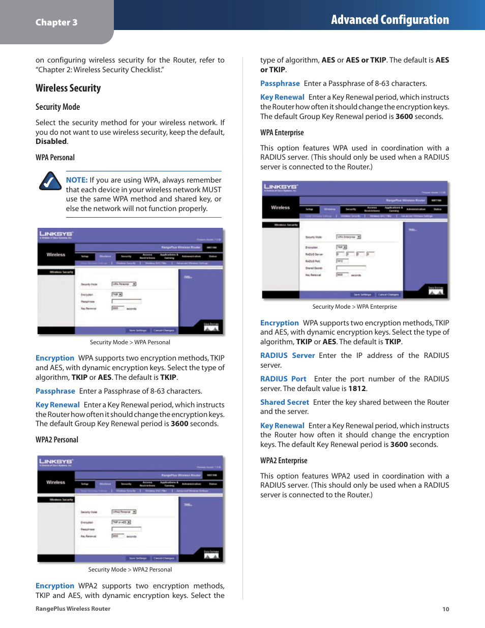 Advanced configuration, Wireless security | Linksys RangePlus WRT100 User Manual | Page 14 / 37