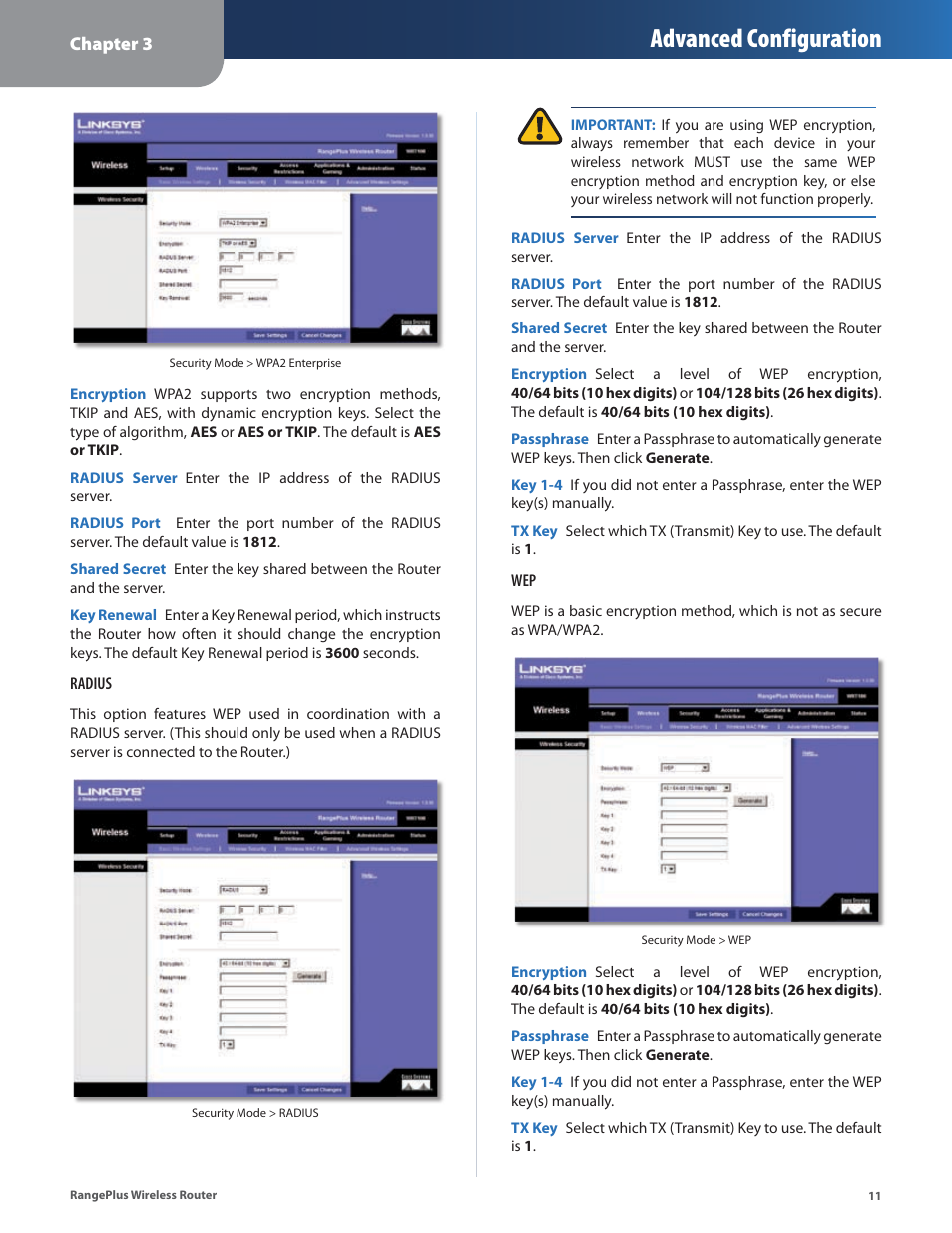 Advanced configuration | Linksys RangePlus WRT100 User Manual | Page 15 / 37