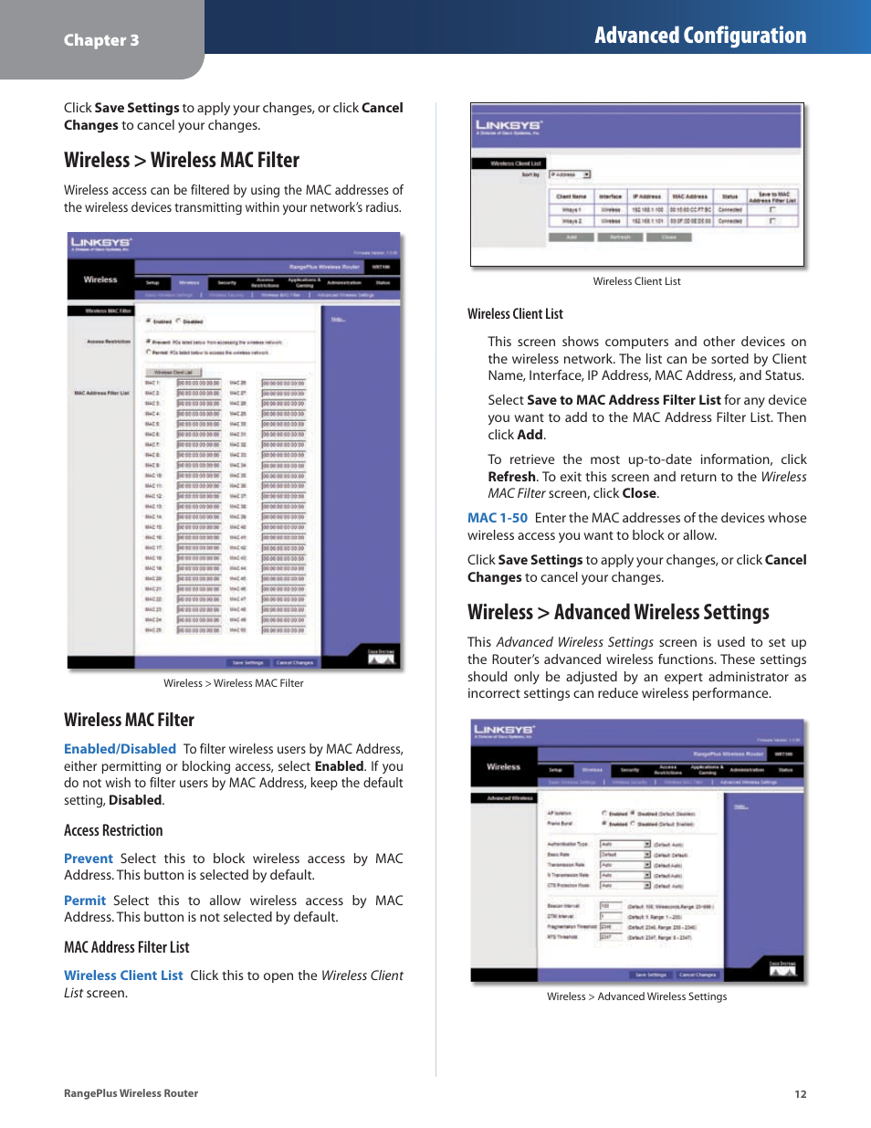 Wireless > wireless mac filter, Wireless > advanced wireless settings, Advanced configuration | Wireless mac filter | Linksys RangePlus WRT100 User Manual | Page 16 / 37