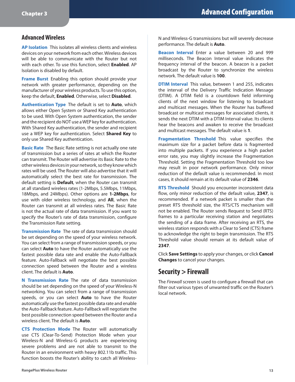 Security > firewall, Advanced configuration, Advanced wireless | Linksys RangePlus WRT100 User Manual | Page 17 / 37