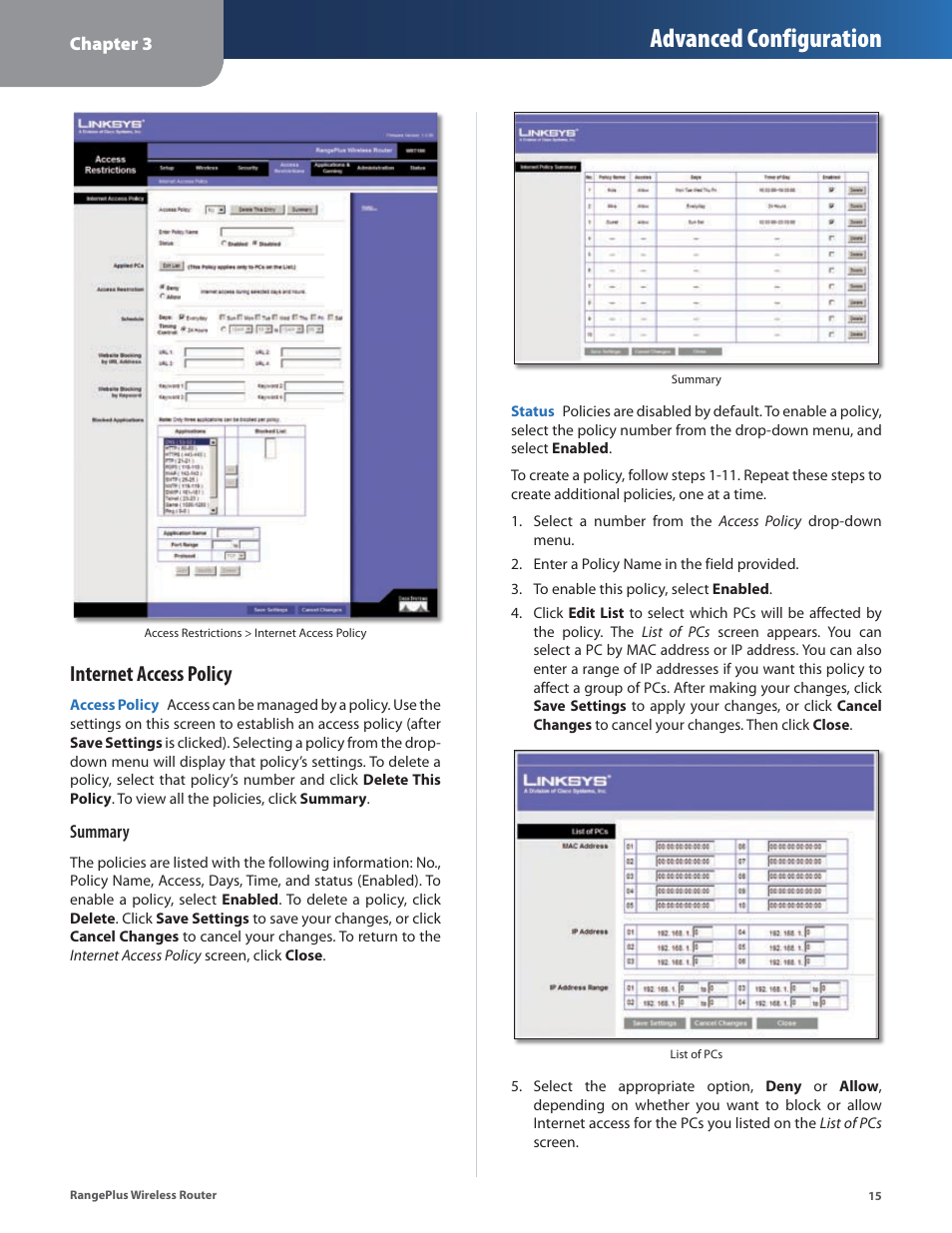 Advanced configuration, Internet access policy | Linksys RangePlus WRT100 User Manual | Page 19 / 37
