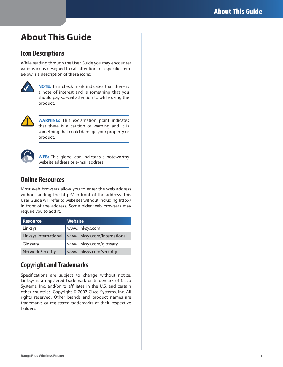 About this guide, Icon descriptions, Online resources | Copyright and trademarks, About ths gude | Linksys RangePlus WRT100 User Manual | Page 2 / 37
