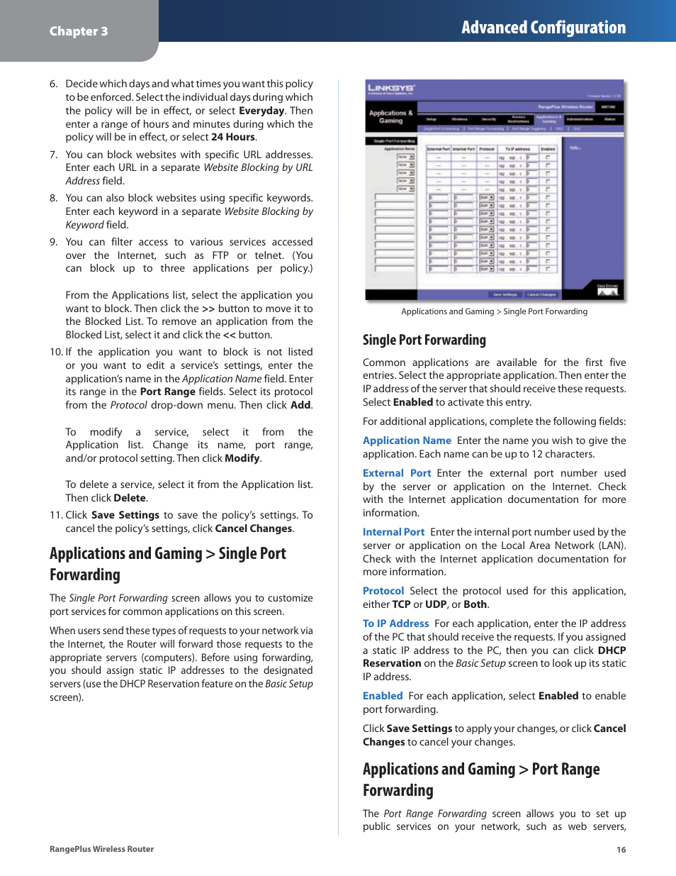 Applications and gaming > single port forwarding, Applications and gaming > port range forwarding, Advanced configuration | Single port forwarding | Linksys RangePlus WRT100 User Manual | Page 20 / 37