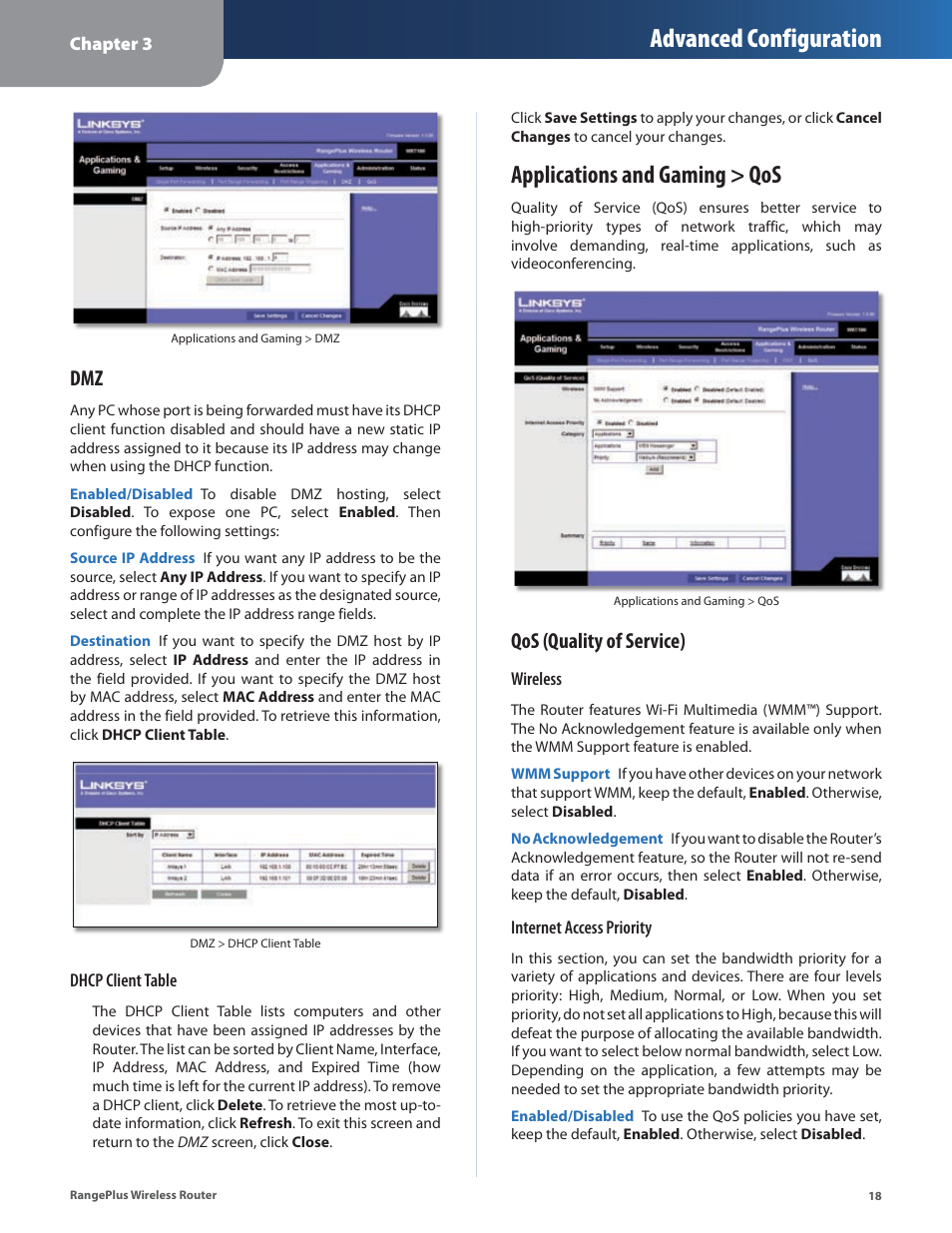 Applications and gaming > qos, Advanced configuration, Qos (quality of service) | Linksys RangePlus WRT100 User Manual | Page 22 / 37