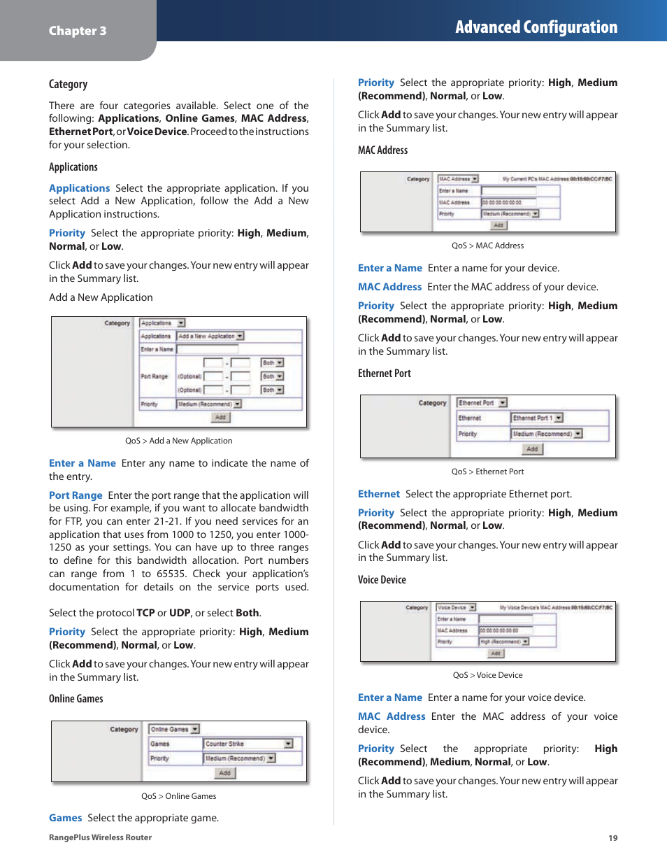 Advanced configuration | Linksys RangePlus WRT100 User Manual | Page 23 / 37