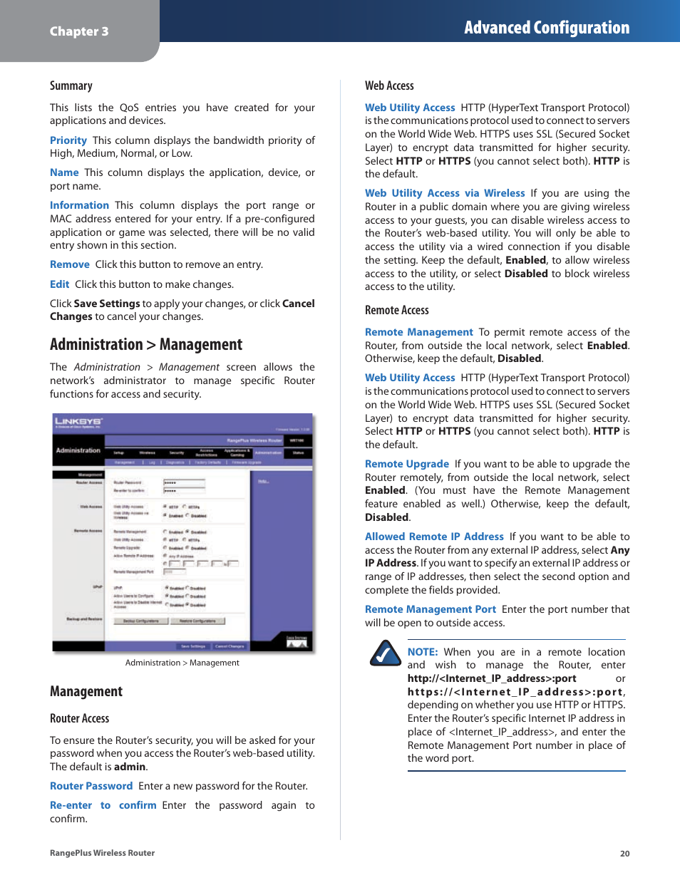 Administration > management, Advanced configuration, Management | Linksys RangePlus WRT100 User Manual | Page 24 / 37