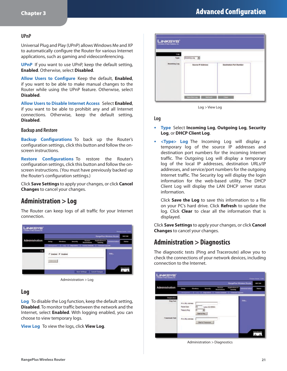 Administration > log, Administration > diagnostics, Administration > log administration > diagnostics | Advanced configuration | Linksys RangePlus WRT100 User Manual | Page 25 / 37