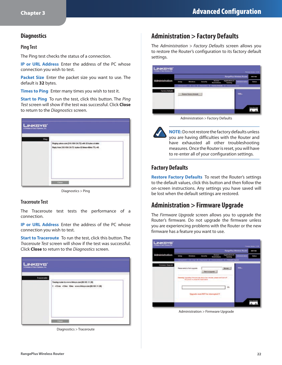 Administration > factory defaults, Administration > firmware upgrade, Advanced configuration | Diagnostics, Factory defaults | Linksys RangePlus WRT100 User Manual | Page 26 / 37