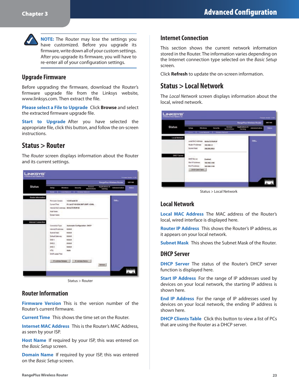 Status > router, Status > local network, Status > router status > local network | Advanced configuration, Upgrade firmware, Router information, Internet connection, Local network, Dhcp server | Linksys RangePlus WRT100 User Manual | Page 27 / 37