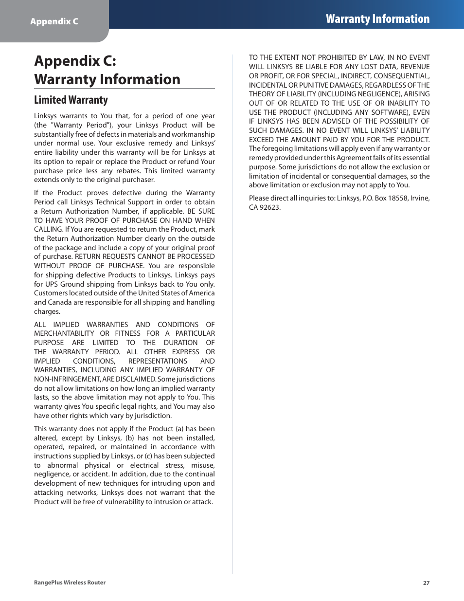 Appendix c: warranty information, Appendx c: warranty informaton, Warranty information | Limited warranty | Linksys RangePlus WRT100 User Manual | Page 31 / 37