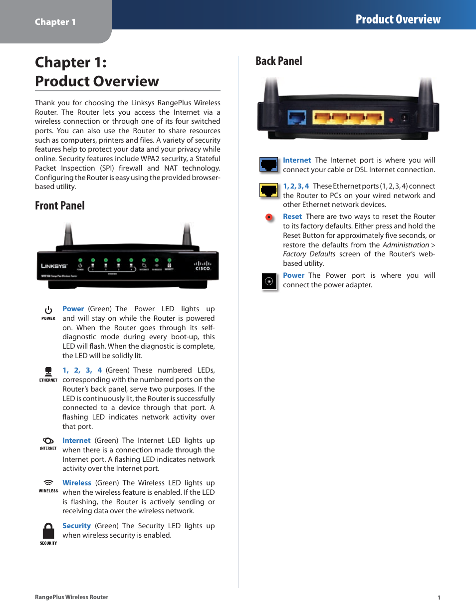 Chapter 1: product overview, Front panel, Back panel | Front panel back panel, Chapter : product overvew, Product overview | Linksys RangePlus WRT100 User Manual | Page 5 / 37