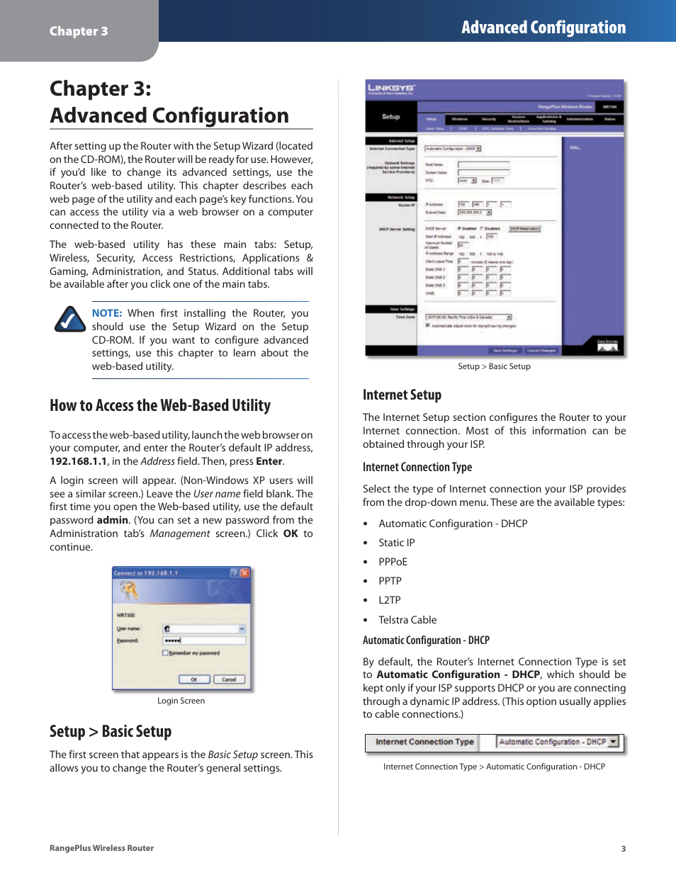 Chapter 3: advanced configuration, Setup > basic setup, Chapter 3: advanced confguraton | Advanced configuration, How to access the web-based utility, Internet setup | Linksys RangePlus WRT100 User Manual | Page 7 / 37