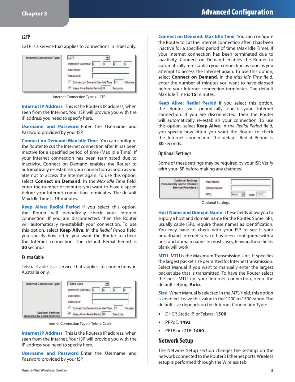 Advanced configuration, Network setup | Linksys RangePlus WRT100 User Manual | Page 9 / 37